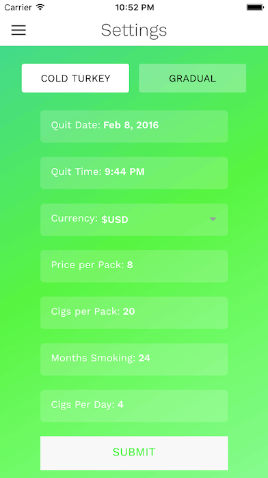 cigquit quit smoking settings